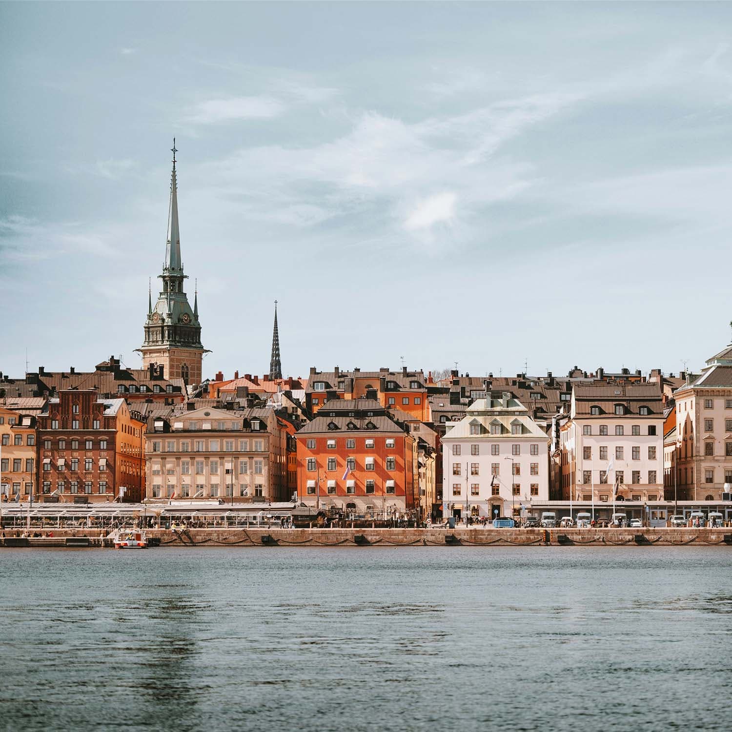 Stockholm skyline with historic waterfront buildings in central Stockholm.